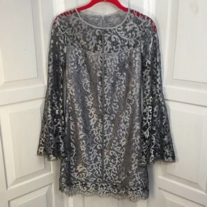 White House Black Market Metallic Gunmetal Lace Dress